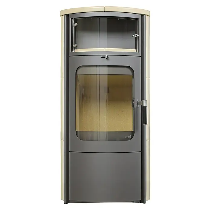 Hark Kaminofen Opera B - 5 kW, Raumheizvermögen: 138 m³, Material Verkleidung: Keramik, Creme - Bild eines Kaminofens mit Glastür und grauem Rahmen, der ein modernes und effizientes Heizsystem darstellt.