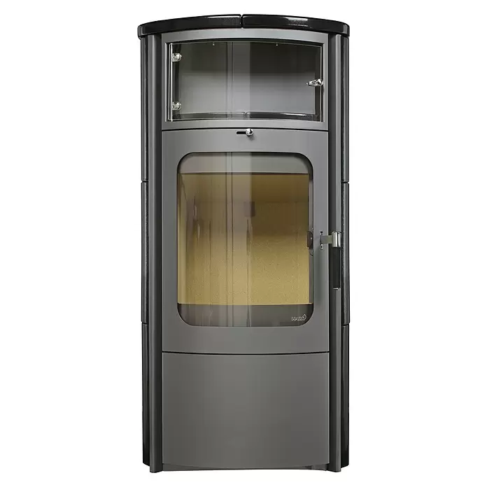 Hark Kaminofen Opera B - 5 kW, Raumheizvermögen: 138 m³, Material Verkleidung: Keramik, Schwarz - Moderner grauer Kaminofen mit großer Glasfeuertür, kleinerer oberer Glasscheibe und schwarzer Oberseite.