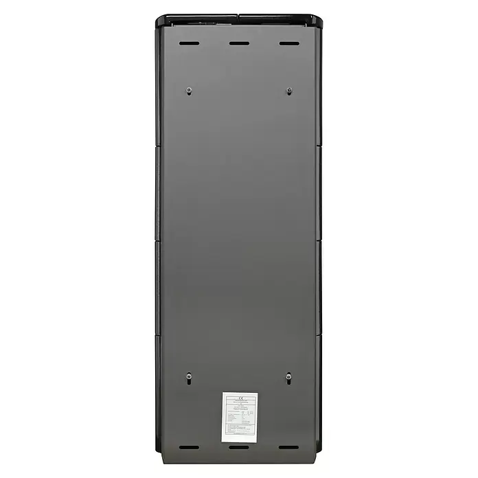 Hark Kaminofen Opera B - 5 kW, Raumheizvermögen: 138 m³, Material Verkleidung: Keramik, Schwarz - Rückseite eines dunkelgrauen Metallofens mit Lüftungsschlitzen, Befestigungsschrauben und einem technischen Etikett unten.