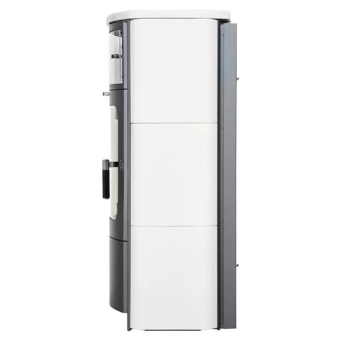 Hark Kaminofen Opera B - 5 kW, Raumheizvermögen: 138 m³, Material Verkleidung: Keramik, Creme/Weiß - Moderner weißer Ofen mit dunkelgrauem Rahmen und schwarzem Griff.
