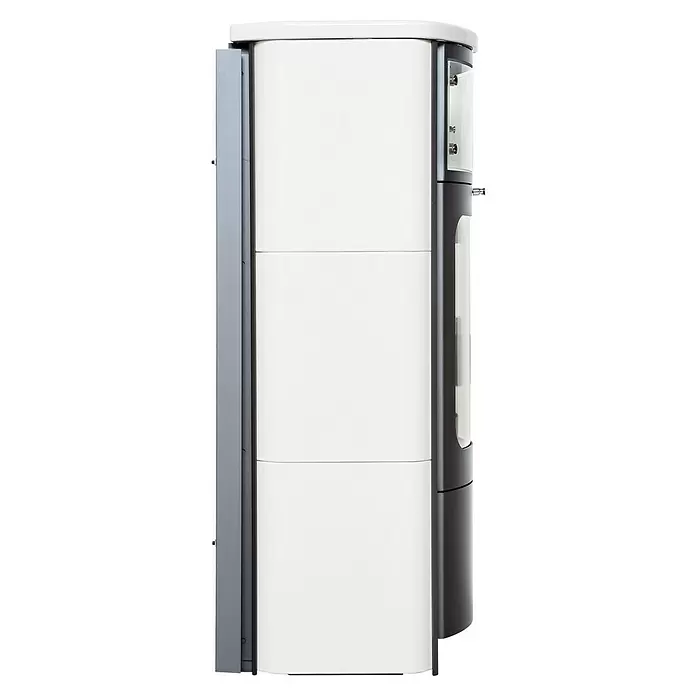Hark Kaminofen Opera B - 5 kW, Raumheizvermögen: 138 m³, Material Verkleidung: Keramik, Creme/Weiß - Moderner weiß-dunkelgrauer Kaminofen mit vertikalem Design und Glasfenster.
