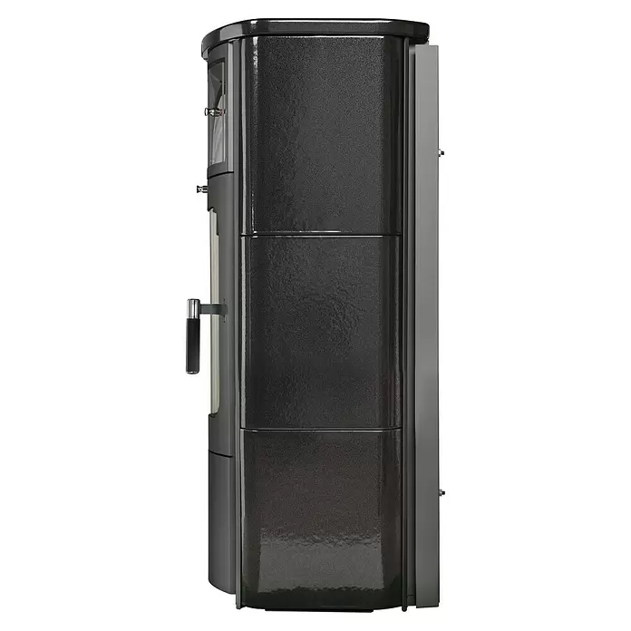 Hark Kaminofen Opera B - 5 kW, Raumheizvermögen: 138 m³, Material Verkleidung: Keramik, Schwarz - Hoher, dunkelgrauer Kaminofen mit strukturierter Oberfläche, Seitenfenster und Griff.