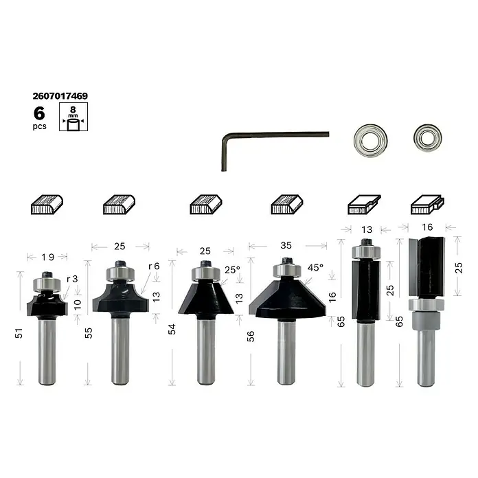 Bosch Fräser-Set Trim&Edging - 6 -tlg., Durchmesser Schaft: 8 mm - Abbildung eines Sets aus sechs verschiedenen Oberfräsern mit zugehörigen Maßen und Werkzeugen.