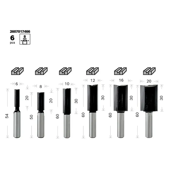 Bosch Fräser-Set Nut - Durchmesser Schaft: 8 mm, 6 -tlg. - Bild eines Sets von sechs Holznutfräsern unterschiedlicher Größe, dargestellt mit ihren Abmessungen und einer schematischen Darstellung der Nut.