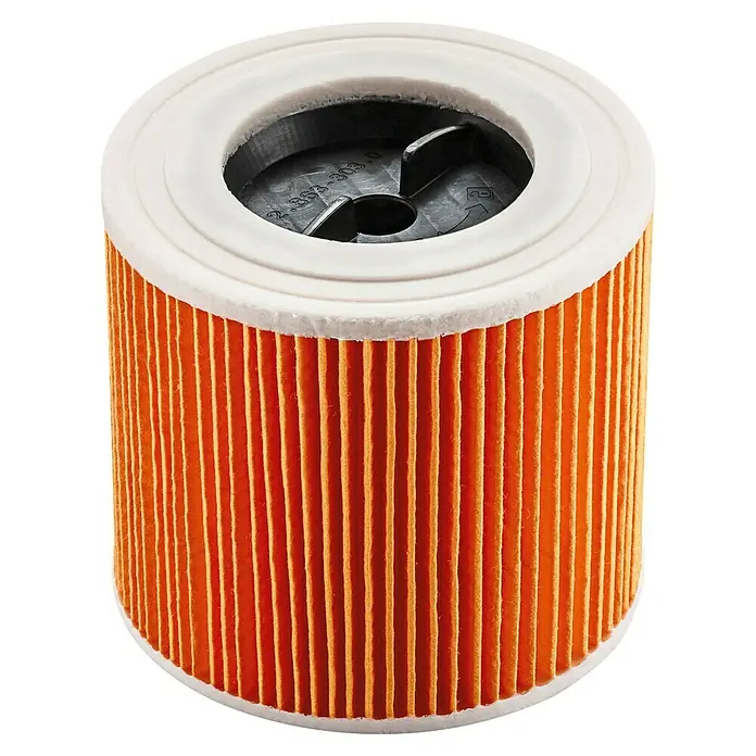 Kärcher Patronenfilter KFI 33101 Stk., 122 x 122 x 115 mm - Ein zylindrischer Luftfilter mit einem orangefarbenen Filterelement und weißen Kunststoffkappen oben und unten. Ideal für Staubsauger.