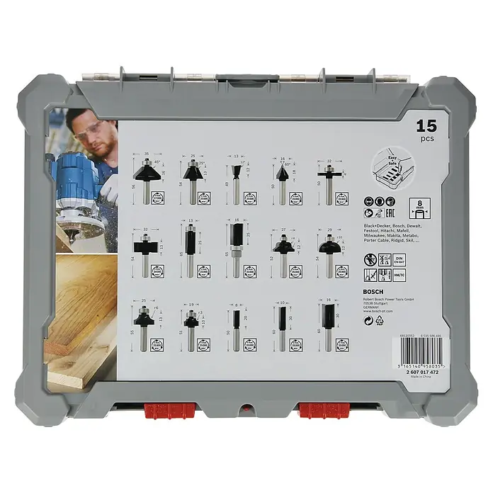 Bosch Fräser-Set Mixed - 15 -tlg., Durchmesser Schaft: 8 mm - Das Bosch 15-teilige Fräser-Set für präzise Holzarbeiten, ideal für Heimwerker und Profis. Vielfältige Profile für individuelle Projekte.