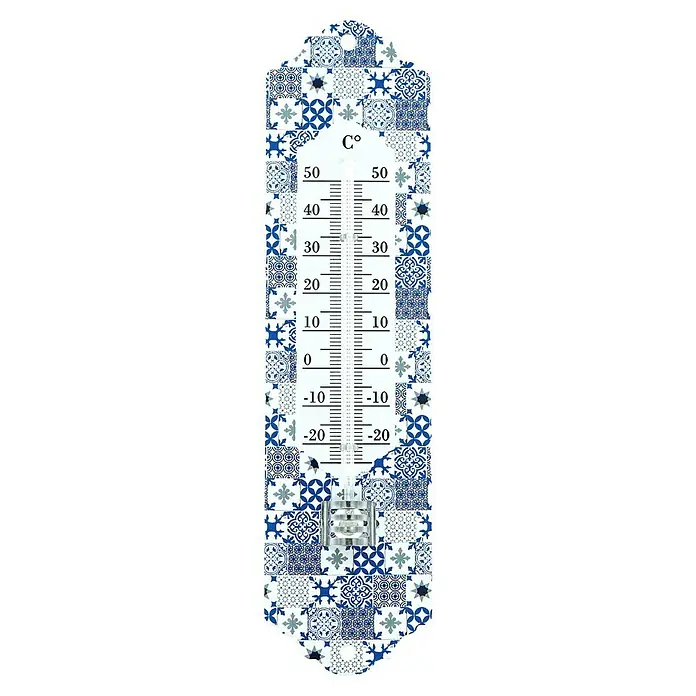 Innen-Thermometer Zementkaros - Analog, Weiß/Blau - Ein Wandthermometer mit einem dekorativen Fliesenmuster in Blau- und Grautönen, das sowohl Temperatur misst als auch optisch ansprechend ist.