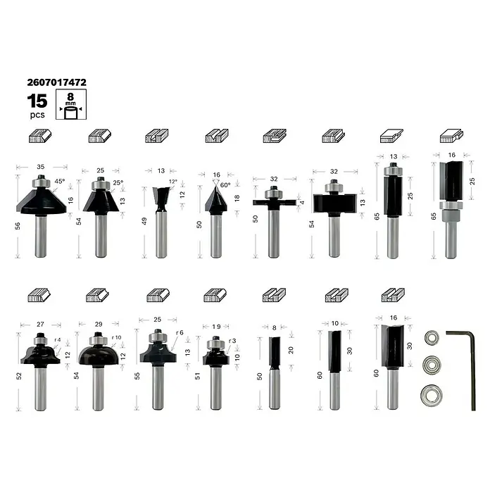 Bosch Fräser-Set Mixed - 15 -tlg., Durchmesser Schaft: 8 mm - Set mit 15 Holzfräsern mit verschiedenen Formen und Größen für die Holzbearbeitung, inklusive Lager und Inbusschlüssel.