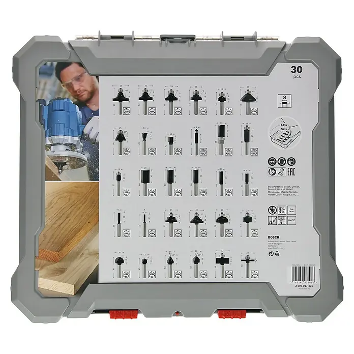 Bosch Fräser-Set Mixed - 30 -tlg., Durchmesser Schaft: 8 mm - Das Bild zeigt ein Bosch 30-teiliges Fräser-Set in einer grauen Aufbewahrungsbox. Das Set ist für verschiedene Holzbearbeitungsanwendungen geeignet.