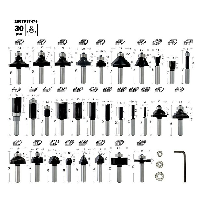 Bosch Fräser-Set Mixed (30-tlg., Durchmesser Schaft: 8 mm)