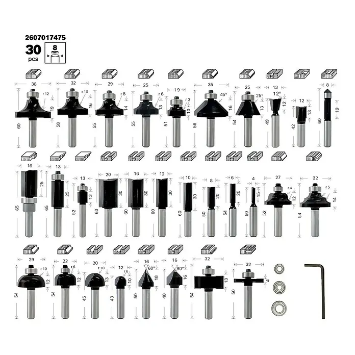 Bosch Fräser-Set Mixed - 30 -tlg., Durchmesser Schaft: 8 mm - Das Bild zeigt ein Set aus 30 verschiedenen 8 mm Fräsern mit ihren jeweiligen Abmessungen und Profilen. Perfekt für präzise Holzarbeiten!
