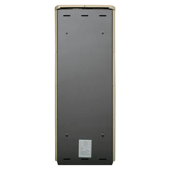 Hark Kaminofen Opera B Grande - 7 kW, Raumheizvermögen: 193 m³, Material Verkleidung: Keramik, Creme - Rückansicht eines Heizkörpers in Beige und Grau. Der Heizkörper hat eine rechteckige Form und eine glatte Oberfläche mit Löchern.