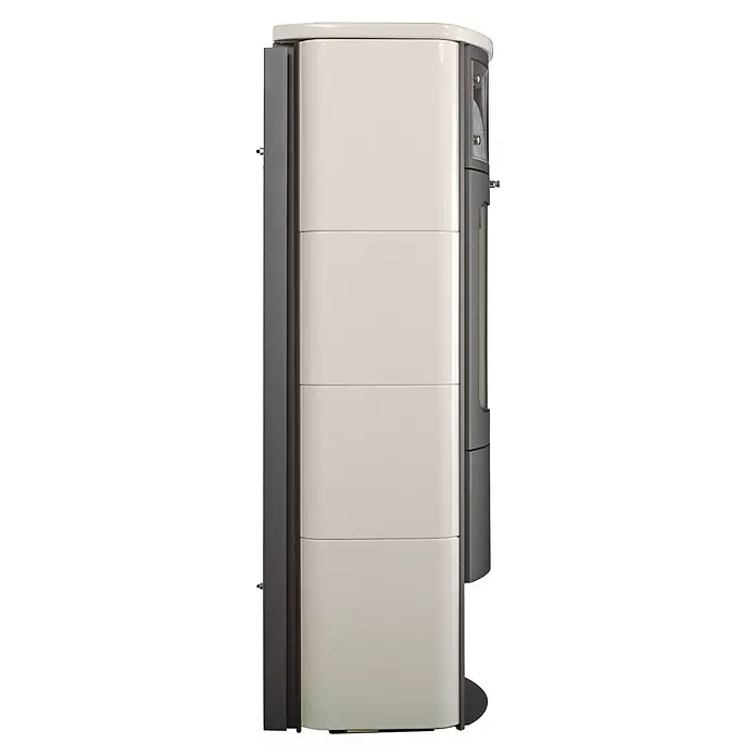 Hark Kaminofen Opera B Grande - 7 kW, Raumheizvermögen: 193 m³, Material Verkleidung: Keramik, Creme/Weiß - Moderner weißer und grauer Pelletofen mit schlankem, vertikalem Design und segmentierten Frontplatten.