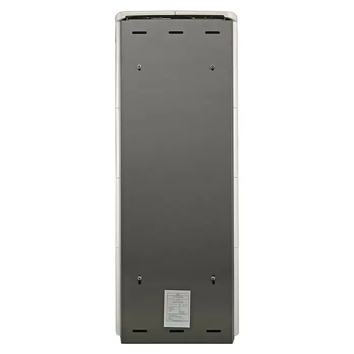 Hark Kaminofen Opera B Grande - 7 kW, Raumheizvermögen: 193 m³, Material Verkleidung: Keramik, Creme/Weiß - Rückseite eines cremefarben gerahmten, grauen Metallgeräts mit Lüftungsschlitzen und Produktetikett.