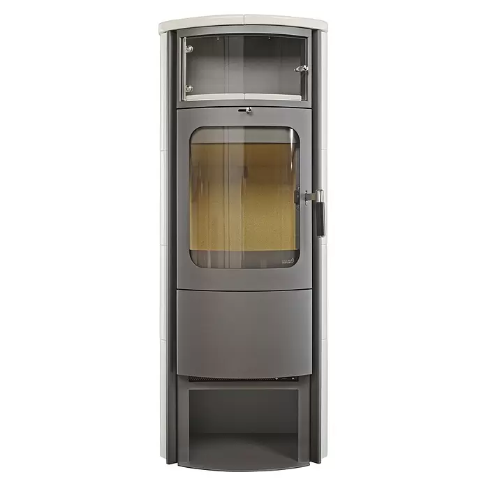 Hark Kaminofen Opera B Grande - 7 kW, Raumheizvermögen: 193 m³, Material Verkleidung: Keramik, Creme/Weiß - Moderner grau-cremefarbener Kaminofen mit Glastüren und unterem Ablagefach.