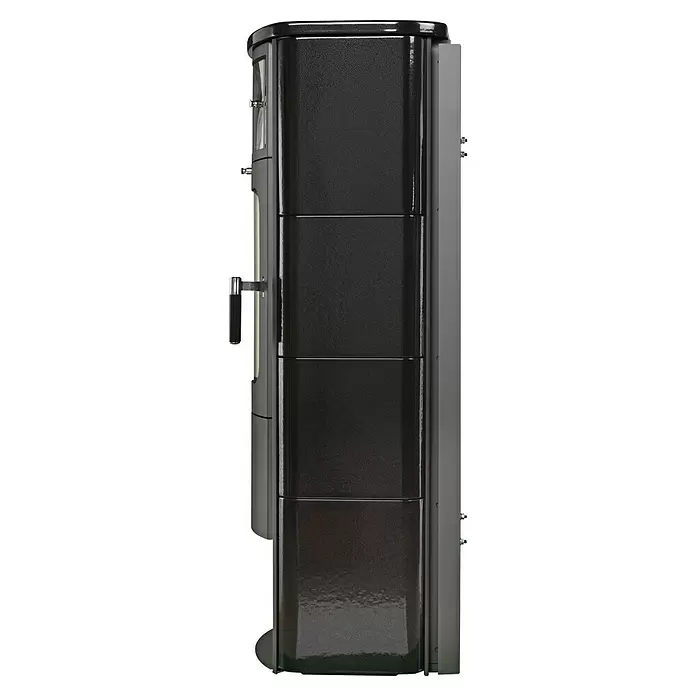 Hark Kaminofen Opera B Grande - 5 kW, Raumheizvermögen: 138 m³, Material Verkleidung: Keramik, Schwarz - Seitenansicht eines hohen, dunkelgrauen Metallholzofens mit strukturierter Oberfläche und glänzenden Paneelen.