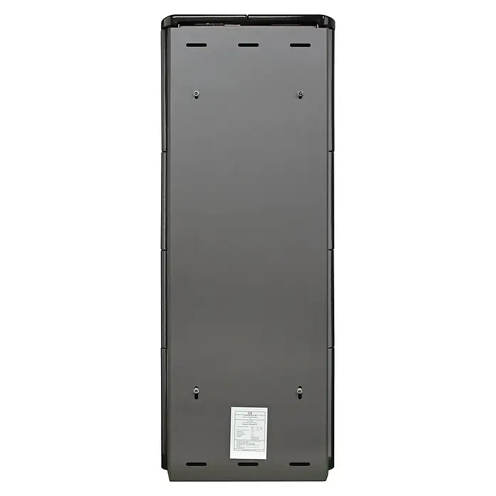 Hark Kaminofen Opera B Grande - 7 kW, Raumheizvermögen: 193 m³, Material Verkleidung: Keramik, Schwarz - Rückansicht eines schlanken, grauen Geräts mit Belüftungsöffnungen oben und unten und einem CE-Etikett, das die Spezifikationen des Produkts anzeigt.