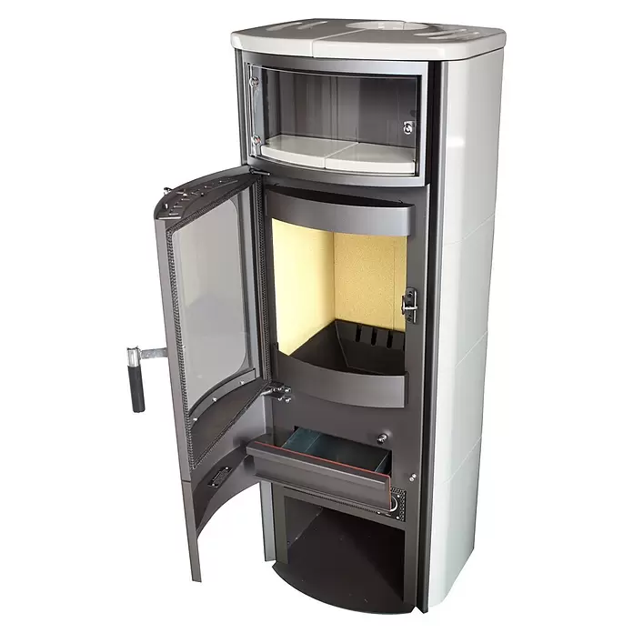 Hark Kaminofen Opera B Grande - 7 kW, Raumheizvermögen: 193 m³, Material Verkleidung: Keramik, Creme/Weiß - Moderner weiß-dunkelgrauer Holzofen mit offener Haupttür, Blick auf Brennraum und Aschefach, plus Glasfach oben.
