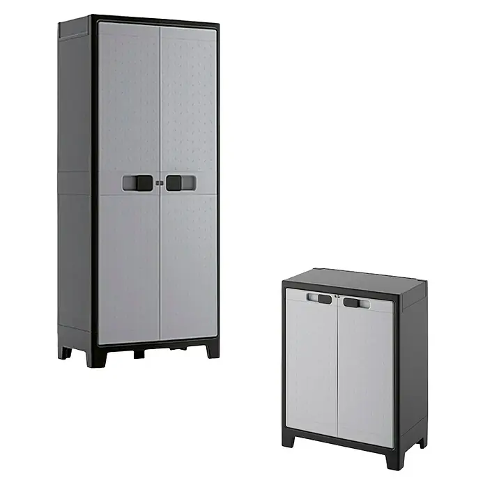Regalux Space Line Armario multiusos de plástico  Alto + Bajo - Gris/Negro, Plástico - Dos armarios de plástico gris con marcos negros, uno alto y otro bajo. Ambos armarios tienen puertas con asas.