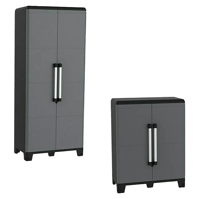 Terry Armario multiusos de plástico  Alto + bajo PRO Modular - Gris/Negro, Plástico - Armario de jardín de plástico gris en dos tamaños con puertas dobles y tiradores plateados, ideal para el almacenaje.
