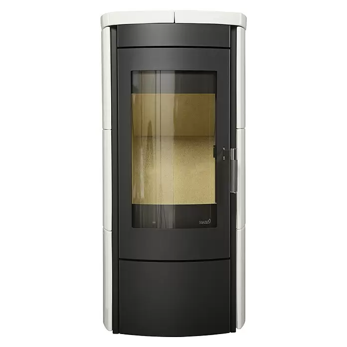 Hark Kaminofen Tiamo Ex - 6 kW, Raumheizvermögen: 165 m³, Material Verkleidung: Keramik, Creme/Weiß - Moderner Kaminofen mit dunkelgrauem Korpus, großer Glastür und weißen Keramik-Seitenplatten.