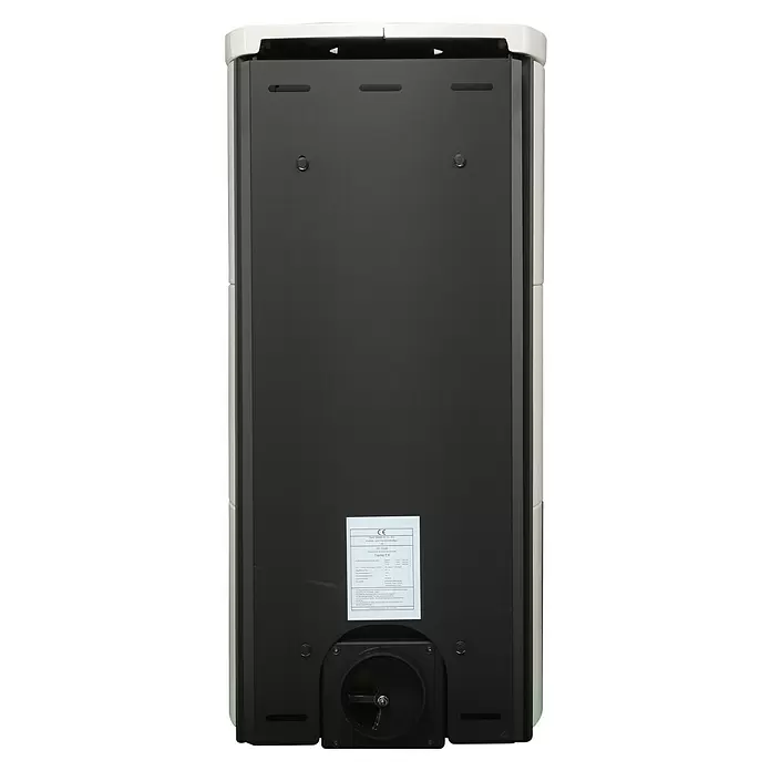 Hark Kaminofen Tiamo Ex - 6 kW, Raumheizvermögen: 165 m³, Material Verkleidung: Keramik, Creme/Weiß - Rückseite eines dunkelgrau-weißen Ofens (Modell Tiamo EX) mit Typenschild und rundem Abgasanschluss unten.
