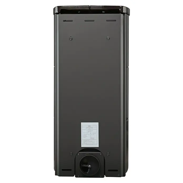 Hark Kaminofen Tiamo Ex - 6 kW, Raumheizvermögen: 165 m³, Material Verkleidung: Keramik, Schwarz - Rückansicht des Pelletofens mit Lüfter und Typenschild. Kompaktes, modernes Design für effiziente Heizleistung.