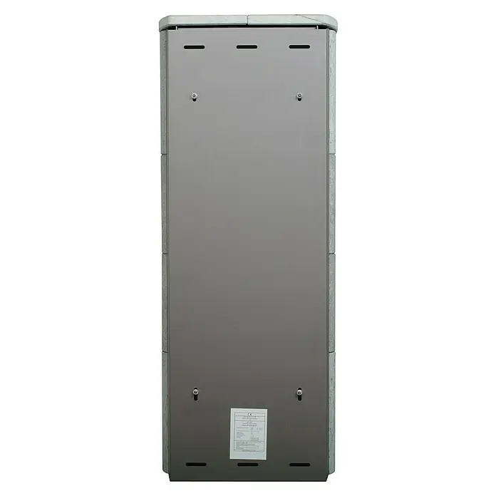 Hark Kaminofen Opera B Grande - 5 kW, Raumheizvermögen: 138 m³, Material Verkleidung: Stahl, Grau - Nahaufnahme eines Heizgeräts mit einer glatten Metalloberfläche, umgeben von einem Rahmen in Steinoptik.
