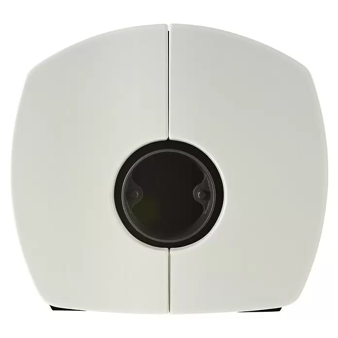 Hark Kaminofen Tiamo Ex - 6 kW, Raumheizvermögen: 165 m³, Material Verkleidung: Keramik, Creme/Weiß - Weißes, symmetrisches Küchengerät mit zentraler, dunkler Kreisvertiefung.