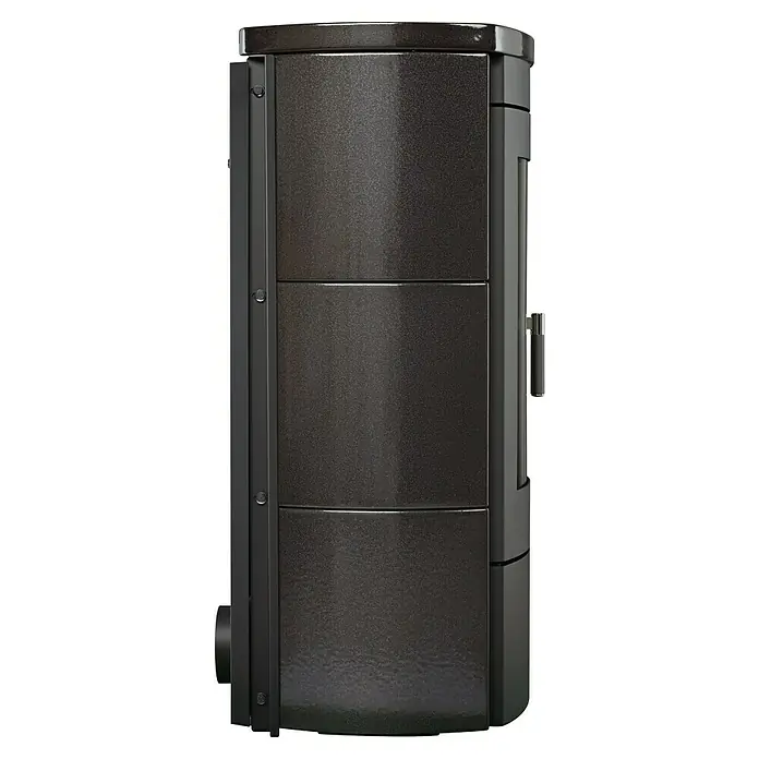 Hark Kaminofen Tiamo Ex - 6 kW, Raumheizvermögen: 165 m³, Material Verkleidung: Keramik, Schwarz - Seitliche Ansicht eines Pelletofens mit glatten Paneelen und Griff an der Tür. Ideal für behagliche Wärme in Ihrem Zuhause.