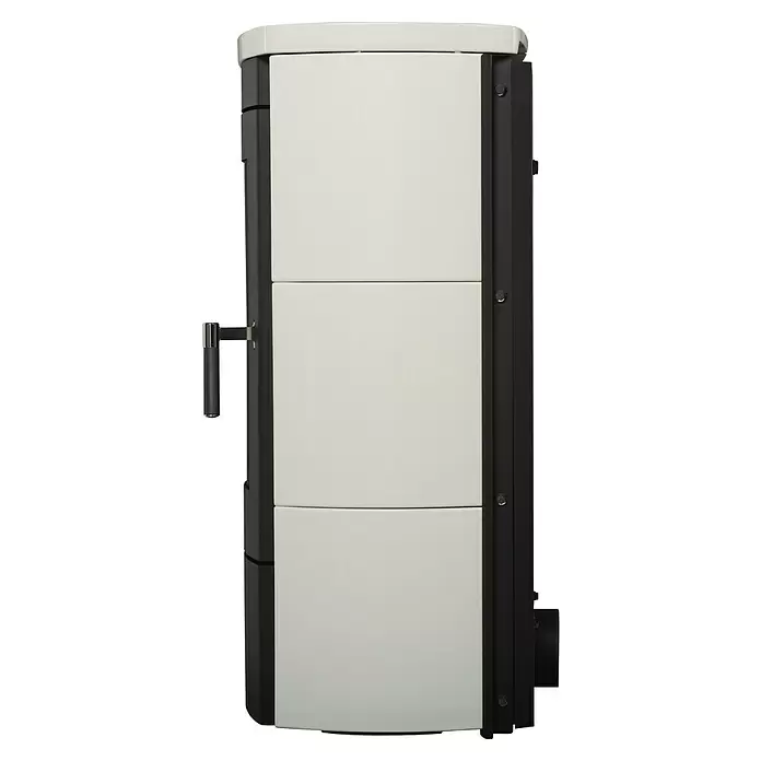 Hark Kaminofen Tiamo Ex - 6 kW, Raumheizvermögen: 165 m³, Material Verkleidung: Keramik, Creme/Weiß - Seitenansicht eines weißen und dunkelgrauen rechteckigen Pelletofens mit seitlichem Griff.