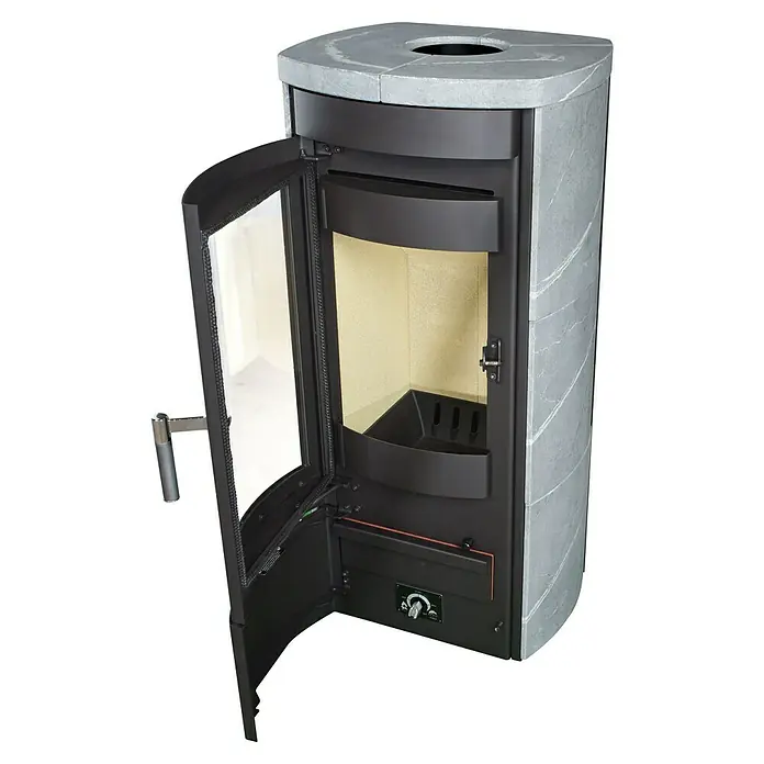 Hark Kaminofen Tiamo Ex - 6 kW, Raumheizvermögen: 165 m³, Material Verkleidung: Stahl, Grau - Offener Kaminofen mit Steinverkleidung und Glastür, der Wärme und Gemütlichkeit in jeden Raum bringt.