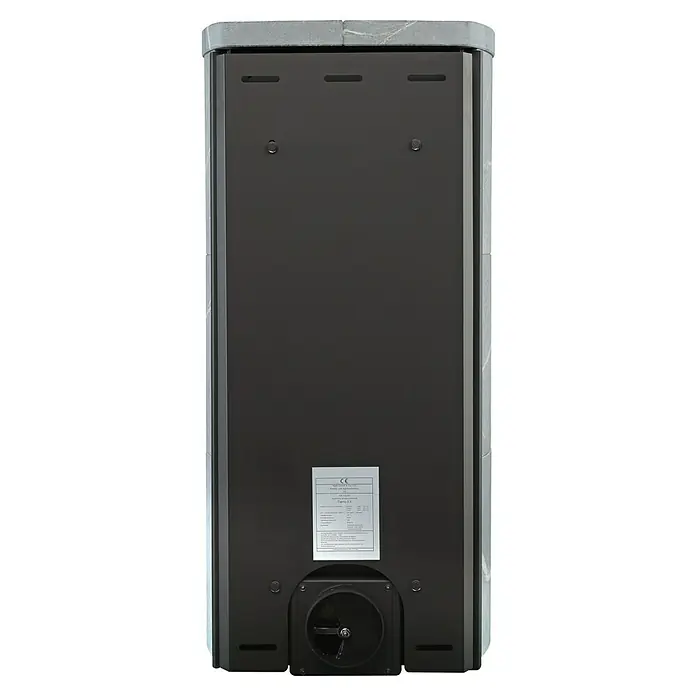 Hark Kaminofen Tiamo Ex - 6 kW, Raumheizvermögen: 165 m³, Material Verkleidung: Stahl, Grau - Rückansicht des Ofens mit Marmorverkleidung, einschließlich eines Typenschilds und eines Lüfters, wodurch die Eigenschaften dieses Heizgeräts hervorgehoben werden.