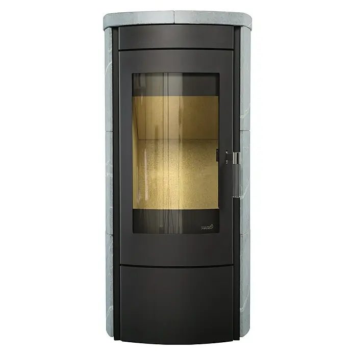 Hark Kaminofen Tiamo Ex - 6 kW, Raumheizvermögen: 165 m³, Material Verkleidung: Stahl, Grau - Der HARK Kaminofen mit Natursteinverkleidung und seiner modernen, dunklen Tür bietet eine elegante und effiziente Wärmequelle für jedes Zuhause.
