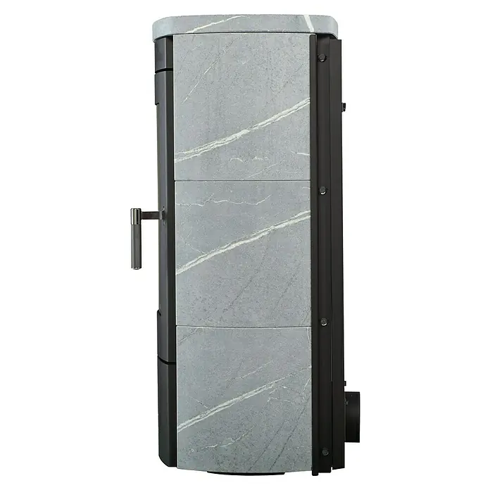 Hark Kaminofen Tiamo Ex - 6 kW, Raumheizvermögen: 165 m³, Material Verkleidung: Stahl, Grau - Detailansicht eines Kaminofens mit grauer Marmorverkleidung und schwarzem Metallrahmen. Eleganter Look für Ihr Zuhause.