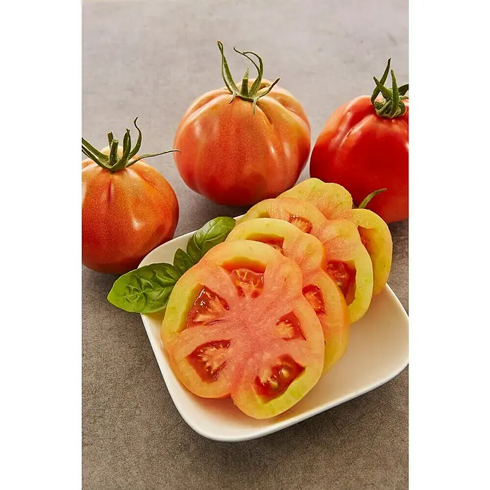 Fleischtomate / Ochsenherz veredelt - Solanum lycopersicum, 12 cm, Erntezeit: Juli - Nahaufnahme von reifen Fleischtomaten, einige geschnitten auf einem Teller, die Frische und Vielseitigkeit für kulinarische Kreationen bieten.