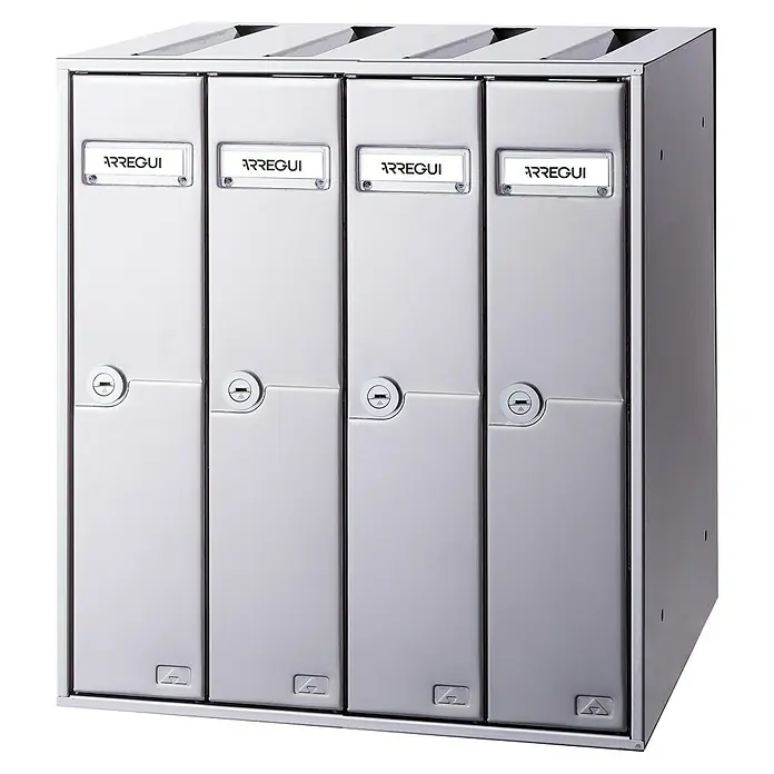 Arregui Libro Buzón de pared V113 - L x An x Al: 27 x 30 x 40 cm, Inoxidable satinado, Acero - Elegante unidad de buzones de cuatro compartimentos, ideal para apartamentos y oficinas, ofrece seguridad y diseño.
