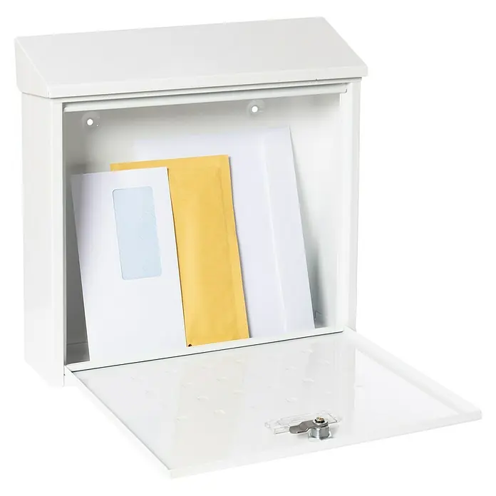 Arregui Premium Buzón de pared E5611 - L x An x Al: 100 x 360 x 370 mm, Blanco, Acero, Tarjeta de identificación - Un buzón blanco abierto con cartas en su interior, que ofrece un almacenamiento seguro para el correo.