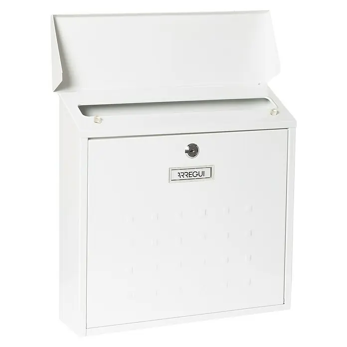 Arregui Premium Buzón de pared E5611 - L x An x Al: 100 x 360 x 370 mm, Blanco, Acero, Tarjeta de identificación - Buzón blanco Arregui con cerradura y tapa abatible, ideal para uso exterior. Construcción duradera para una entrega de correo segura.