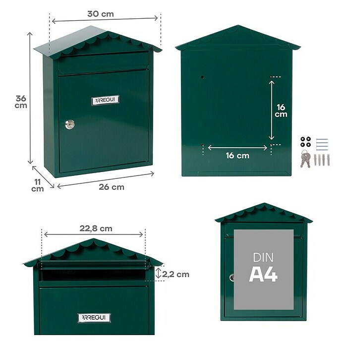 Arregui Visit Buzón de pared E-574 (L x An x Al: 9 x 26 x 36 cm, Verde, Acero inoxidable) | BAUHAUS