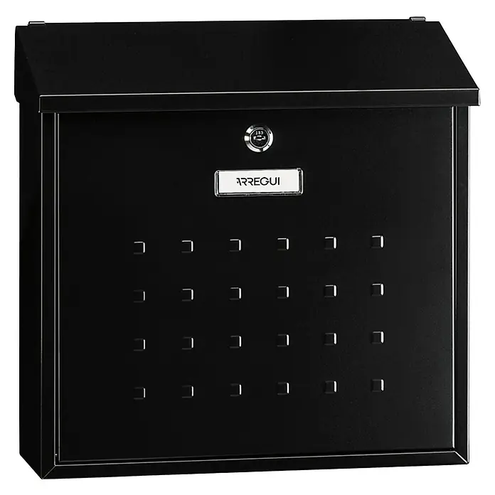 Arregui Premium Buzón de pared E5614 - L x An x Al: 100 x 360 x 370 mm, Negro, Acero, Tarjeta de identificación - Buzón negro Arregui con cierre de seguridad y múltiples aberturas para una entrega segura del correo.