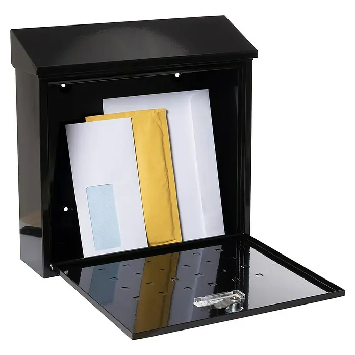 Arregui Premium Buzón de pared E5614 - L x An x Al: 100 x 360 x 370 mm, Negro, Acero, Tarjeta de identificación - El buzón negro con cerradura está lleno de cartas. La cerradura es transparente y asegura el correo contra el robo.