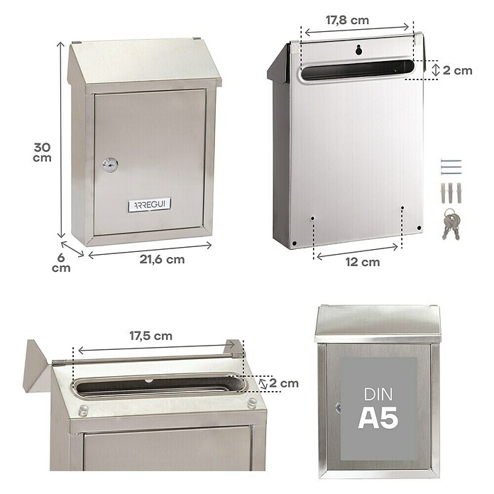 Arregui Smart Buzón de pared E-572 (L x An x Al: 21,6 x 8 x 30 cm, Acero inoxidable) | BAUHAUS