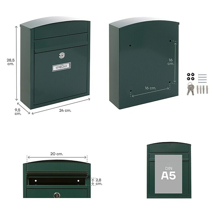 Arregui Compact Buzón de pared E-573 (L x An x Al: 24 x 9,5 x 28,5 cm, Verde, Acero inoxidable) | BAUHAUS