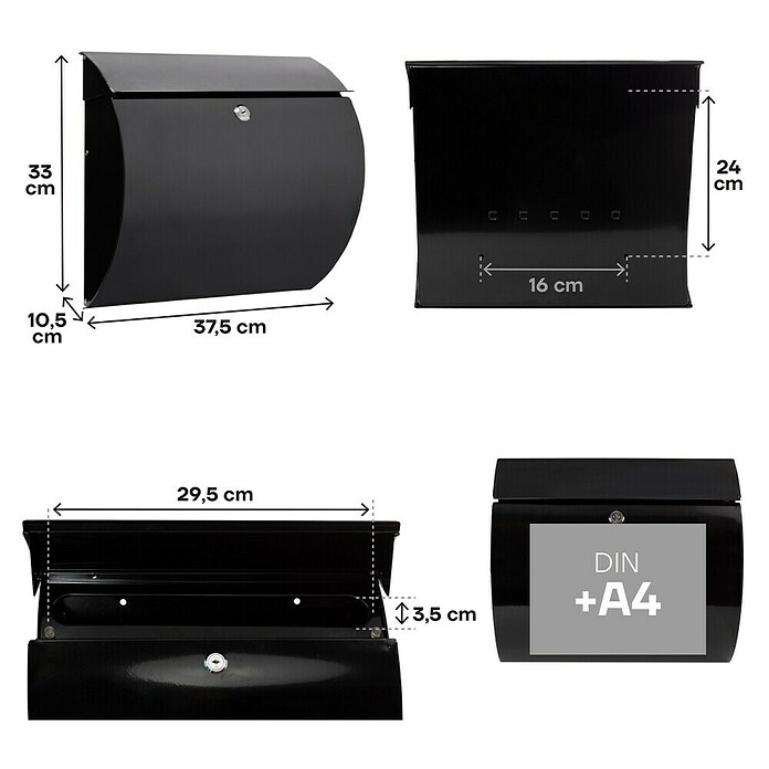 Arregui Buzón de pared Aura (L x An x Al: 37,5 x 10,5 x 33 cm, Negro) | BAUHAUS