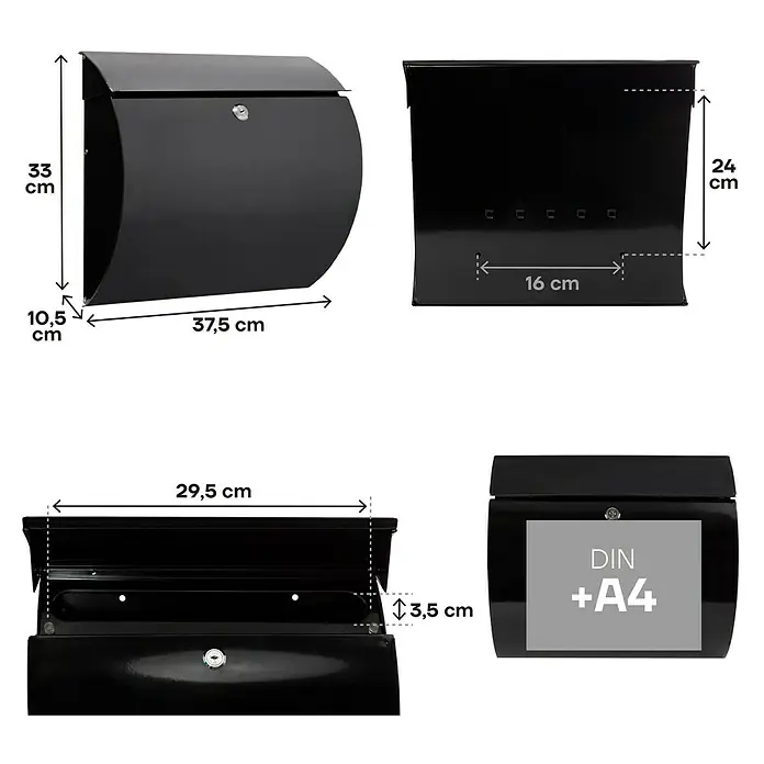 Arregui Buzón de pared Aura - L x An x Al: 37,5 x 10,5 x 33 cm, Negro - Imagen del producto de un buzón con dimensiones. El buzón se muestra en varias vistas y con sus medidas.