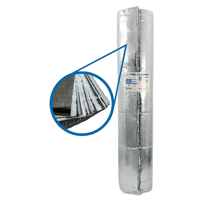 Bur2000 Aislamiento reflexivo Termoreflex 19 - 10 x 1,5 m, 15 m² - Un rollo de material aislante AIR-BUR TERMIC D9 hecho de lámina de aluminio, con un primer plano de las capas del material.