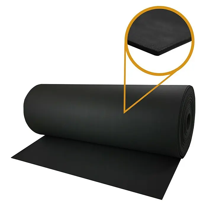 Bur2000 Base aislante Sound 2 - 25 m², Espesor: 2 mm - Un rollo de material aislante negro, con un recuadro que muestra el grosor del material. Aislamiento acústico y térmico práctico para diversas aplicaciones.