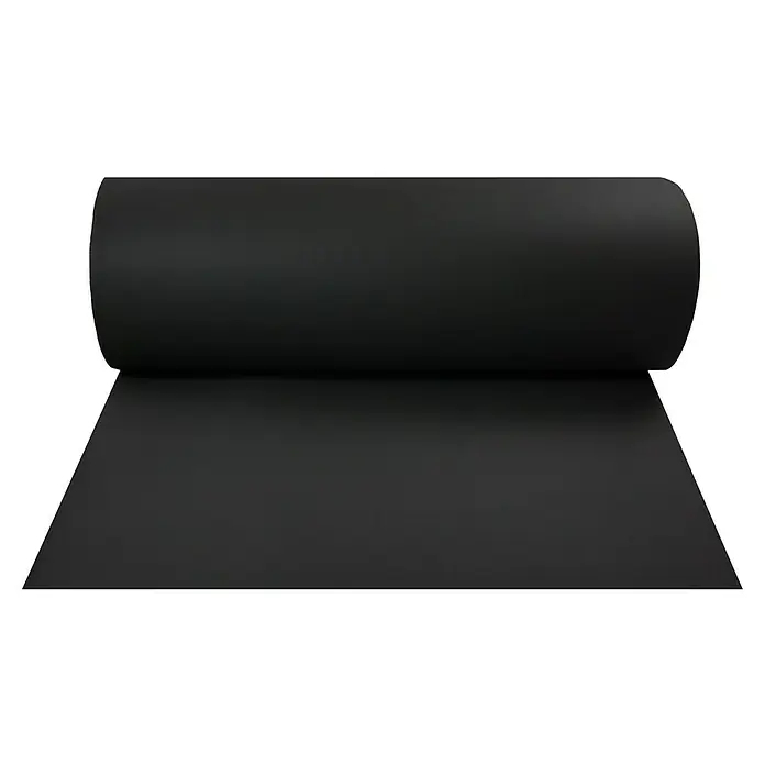 Bur2000 Base aislante Sound 2 - 25 m², Espesor: 2 mm - Un rollo de material aislante negro, desenrollado para mostrar su superficie y textura. Ideal para proyectos de construcción y aislamiento.