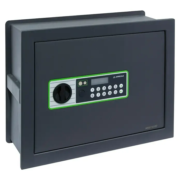 Arregui Caja fuerte empotrable Supra - L x An x Al: 25 x 42 x 32 cm, Negro/Verde, 11 l - Imagen de una caja fuerte de pared con teclado digital, un pomo giratorio y una superficie gris.